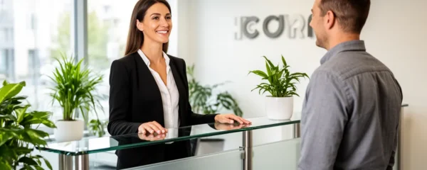 Professionnelle accueillant un visiteur derrière un comptoir d'accueil moderne dans un espace lumineux