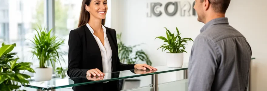 Professionnelle accueillant un visiteur derrière un comptoir d'accueil moderne dans un espace lumineux