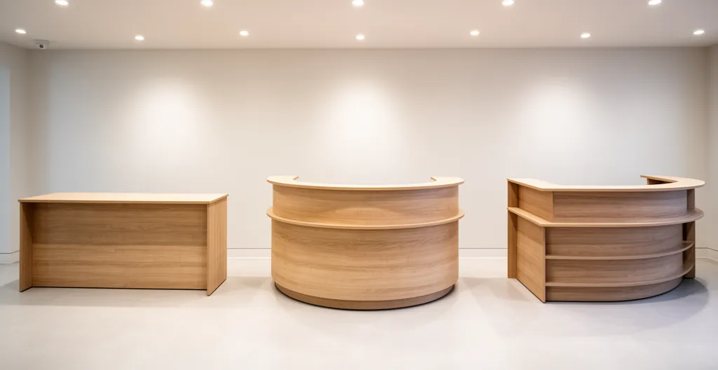 Vue showroom mobilier avec trois banques d'accueil différentes côte à côte