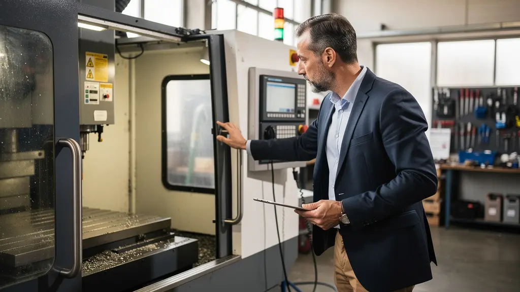 Dirigeant de PME observant sa ligne de production industrielle pour un projet d'investissement