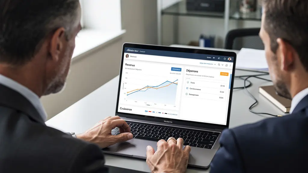 Réunion de travail entre un dirigeant et un conseiller financier pour préparer un dossier de subvention