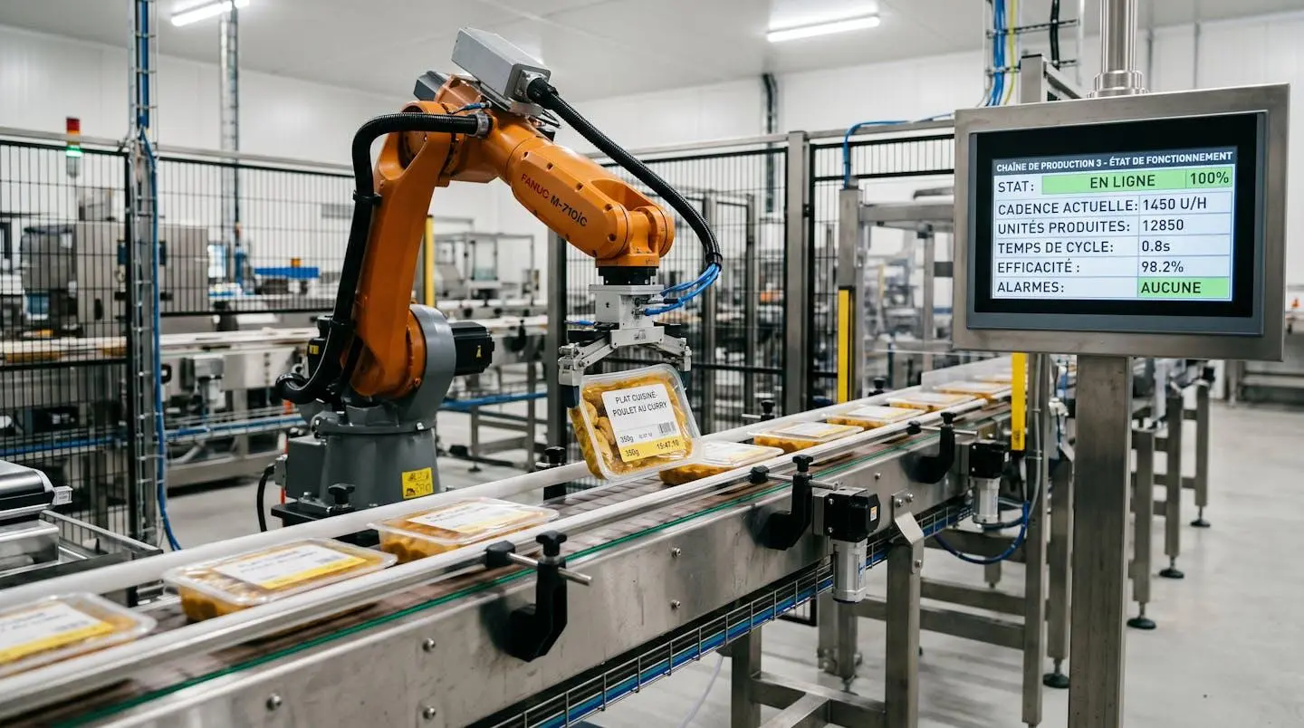 Ligne de production automatisée avec bras robotique manipulant pièces sur convoyeur en mouvement, écran de contrôle affichant données en temps réel