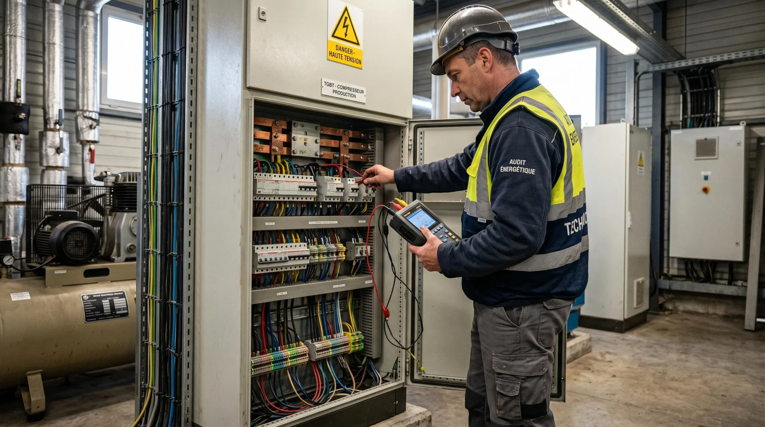 Technicien auditeur énergétique inspectant tableau électrique industriel avec appareil de mesure, dirigeant son regard vers l'installation analysée
