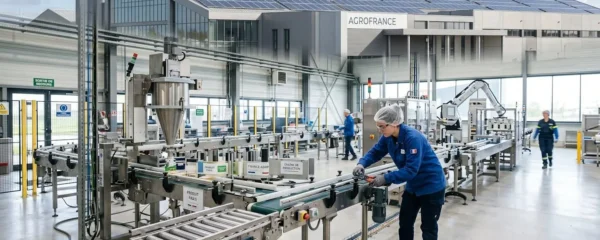 Usine de production française moderne avec ligne automatisée en fonctionnement et panneaux solaires sur toiture, technicien en intervention maintenance