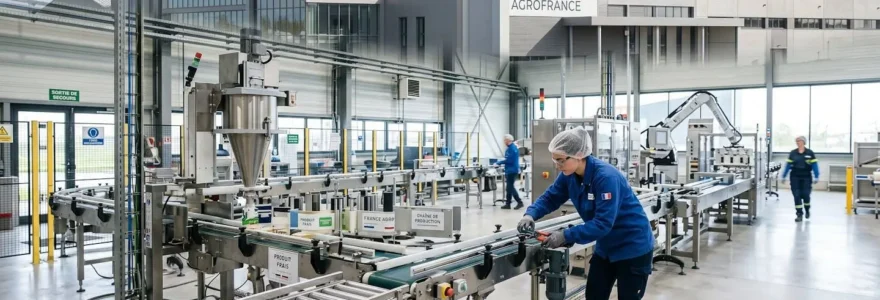 Usine de production française moderne avec ligne automatisée en fonctionnement et panneaux solaires sur toiture, technicien en intervention maintenance